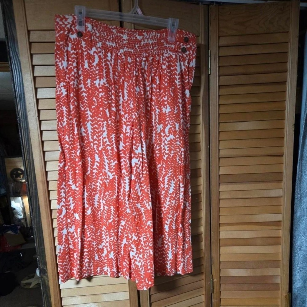 Orange White Leaf Print Wide Leg Culottes Smocked Waist Button Detail Pants - Picture 1 of 1